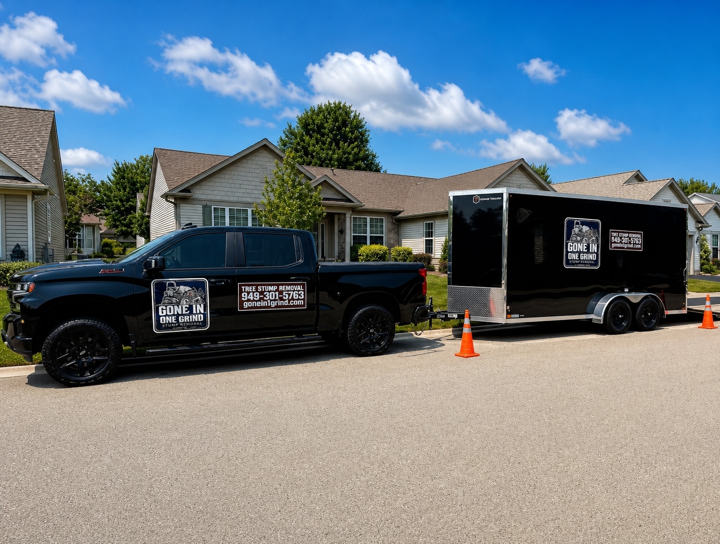 Gone In One Grind branded truck and enclosed trailer at a residential job site in the Chicago suburbs